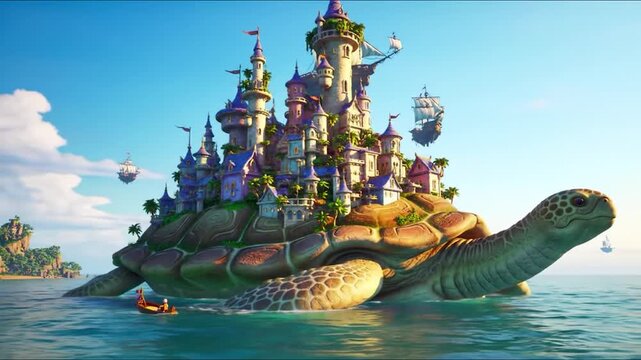 Fantasy island on giant turtle in ocean