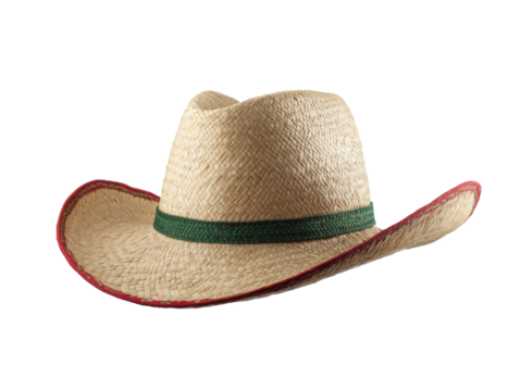 Classic straw cowboy hat with green band and red trim on white background