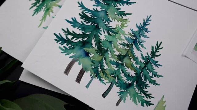 collection of watercolor paints depicting green fir trees, hand-painted for use on greeting cards, floral postcards, and invitation designs on white base