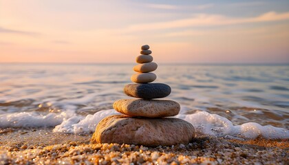 Tranquil Beach Sunset with Balanced Stones Virtual Background