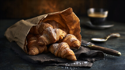 Mini croissants in a rustic brown paper bag on a dark wooden table. Atmospheric moody food photography with focus on textures and light and shadow