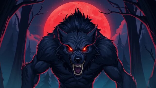Furious werewolf howling against blood moon forest