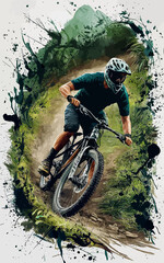 Naklejka premium mountain biker riding downhill on a lush green trail