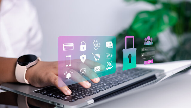 Person using a laptop with overlay of various icon, Digital security, online payments, social media, and data protection. Concept of securing online transactions and personal data in the digital world