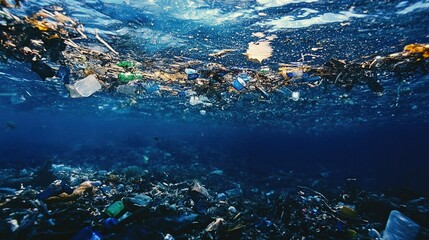 Plastic waste pollution in the ocean, ecological environment problem scene