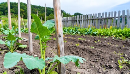 A vegetable garden with young kale plants supported by stakes, bordered by a wooden fence.