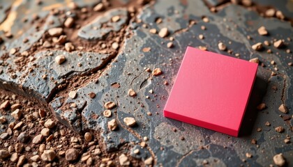 A bold red tile rests atop a rugged, earth-toned surface its smooth geometry sharply contrasting the raw texture of scattered pebbles and weathered terrain.