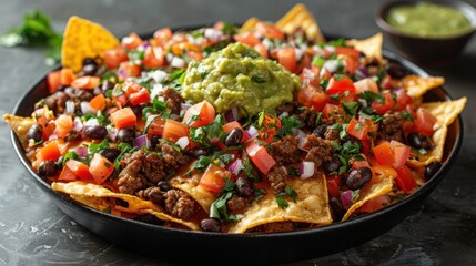 A plate of nachos with toppings and guacamole close up view