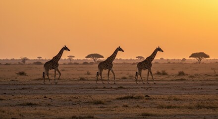 Three Giraffes Silhouetted Walking Across African Savannah at Sunset