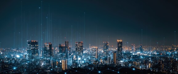 Night cityscape panorama with glowing buildings and abstract digital lines connecting them, suggesting technological network