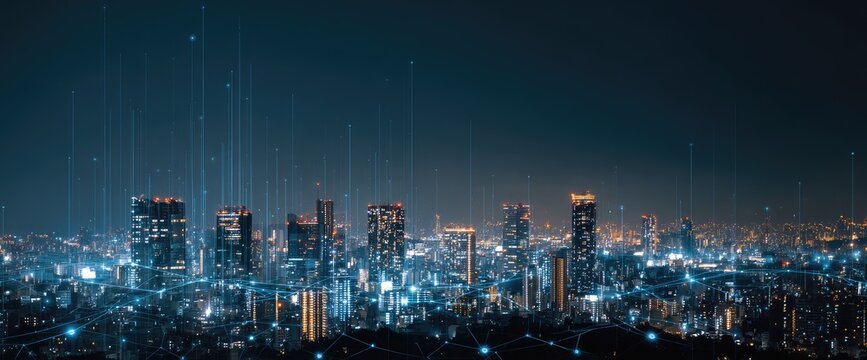 Night cityscape panorama with glowing buildings and abstract digital lines connecting them, suggesting technological network