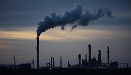 Obraz premium Silhouetted petroleum refinery belching thick, dark smoke into a gray sky, air pollution, factory