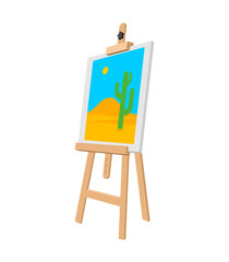 Easel with a desert landscape painting. Concept of creativity, nature, and artistic inspiration.