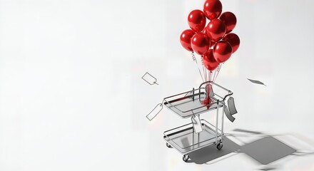Shopping cart with red balloons and price tags. Ai generation