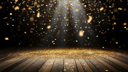 A mesmerizing scene of golden confetti falling under spotlight, creating a festive atmosphere against a dark background.