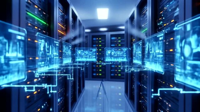 Futuristic data center with glowing servers and holographic displays, showcasing technology in action - Powered by Adobe