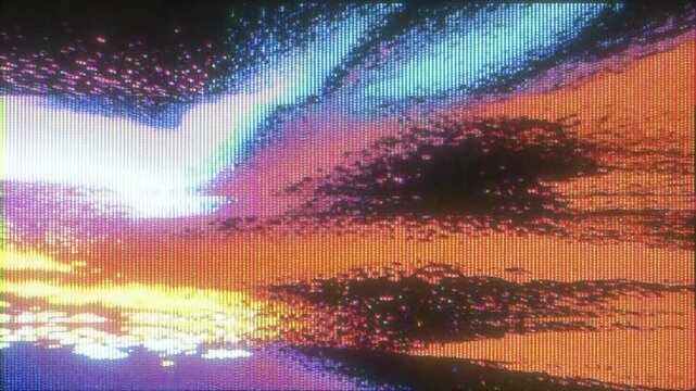 4K Abstract CRT glitch landscape with warped color fields, pixel noise and VHS distortion for retro cyberpunk overlays, corrupted visuals, analog aesthetics