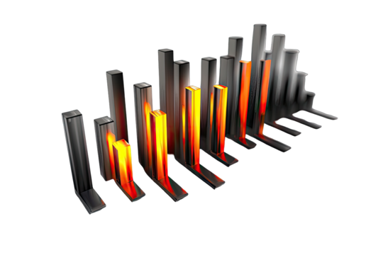 Abstract graphic of a series of metallic bars, some highlighted with fiery orange-yellow
