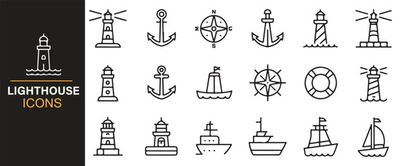 Vector set of lighthouse icons with ships, anchors, compasses, and lifebuoys in outline style. © SAHARA