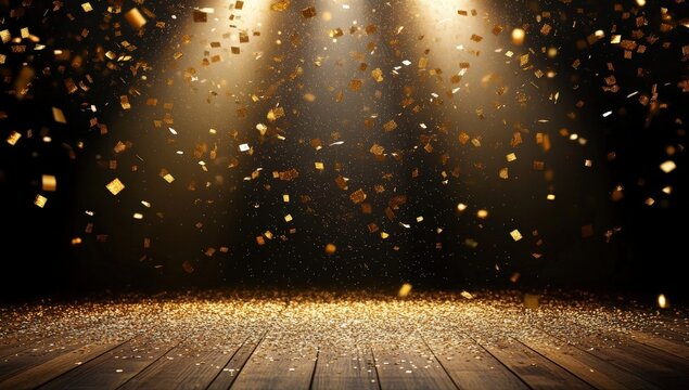 A vibrant scene of golden confetti falling against a dark backdrop, illuminated by bright spotlights, creating a festive atmosphere.