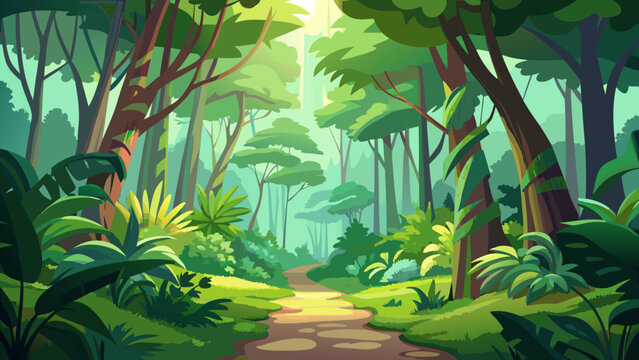 Vector art of a serene forest path beckons with lush greenery, towering trees, and dappled sunlight, inviting exploration and tranquility in natures embrace