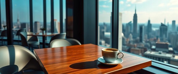 Sleek cafe table, coffee cup, city skyline view from large window; cool blues & warm tones,  minimalist,  beverage