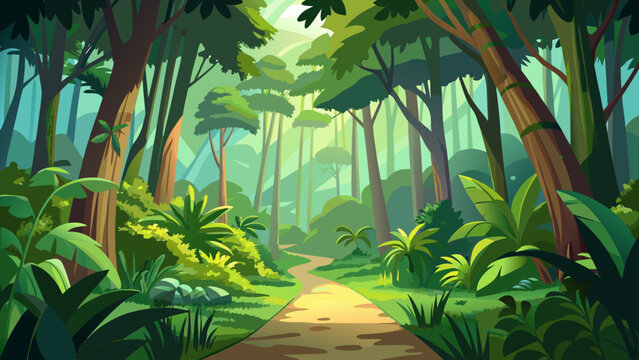 Vector art of a tranquil forest path winds through lush greenery, inviting exploration and serenity amidst natures beauty and the dappled sunlight filtering through the trees
