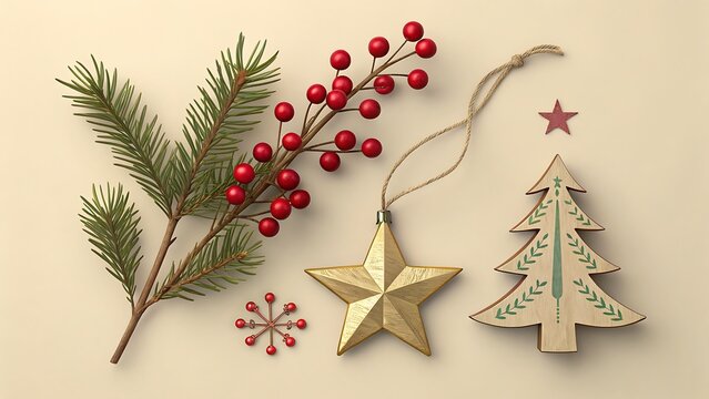 Christmas natural elements and wooden tree ornament
