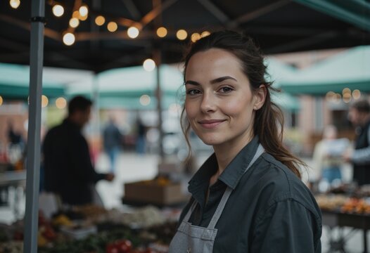Market stall coordinator smiling near tent pole and table guard
