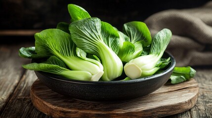 Fresh bok choy on wooden table, organic vegetable ingredient scene