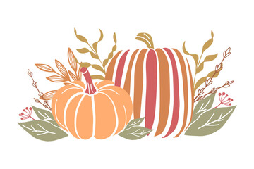 Flat vector of two pumpkins in red and orange with botanical autumn elements. Great for seasonal design, invitations, packaging, and creative projects.