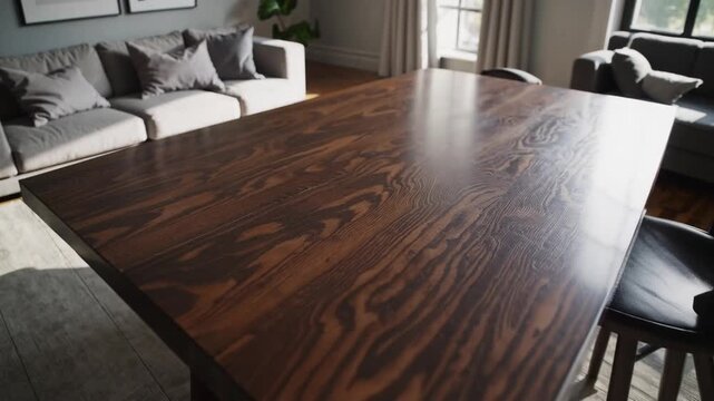 Unoccupied timber surface in domicile's common area, wooden worktable with vacant area for content placement, digitally generated ry