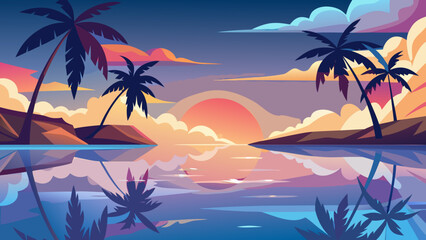 Obraz premium Vector art of a tranquil tropical sunset scene with silhouetted palm trees, calm water reflecting the vibrant sky, and soft clouds, evoking a sense of relaxation