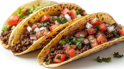 Three tacos filled with meat and fresh vegetable toppings