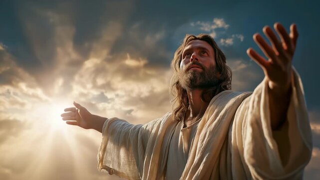 Jesus Christ Reaching Out in a White Robe with an Open Hand Against a Gleaming Sunset Sky