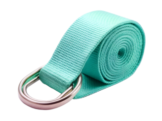 Rolled yoga strap with a metal dring, isolated on transparent background