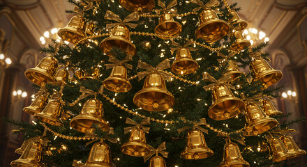 Fototapeta premium A beautifully decorated Christmas tree with golden bells, beads, and other adornments. The festive scene is set against a classical architectural background, radiating warmth and celebration.