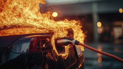 A dramatic scene of an electric car catching fire while charging. The burning flames and electric charger showcase the risks and safety challenges of modern electric vehicles
