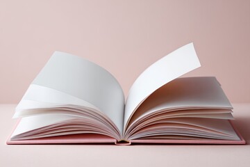 Fototapeta premium A pink book lies open on a pale pink surface, displaying blank, creamy pages gently fanned out