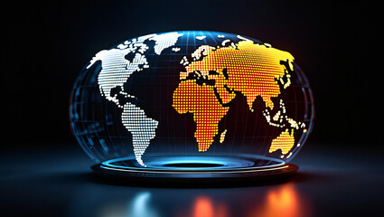 A digital world globe with continents highlighted in different colors