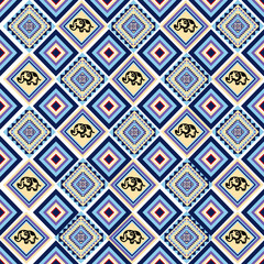 
Seamless Thai Elephant Geometric Pattern in Blue and Beige Tones
