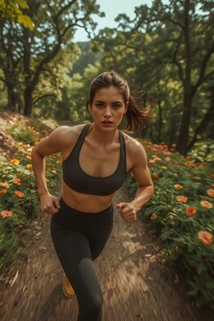 Fitness woman running outdoors, motion blur, nature trail, active lifestyle, cinematic style