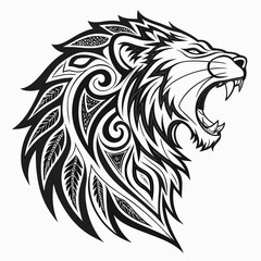 Vector art of lion head roaring with tribal ornaments, a fierce and majestic animal portrait in vector format