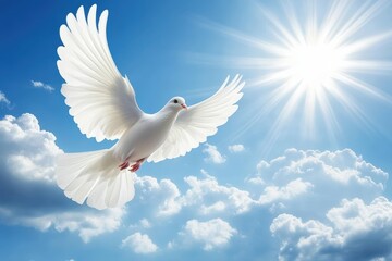 Fototapeta premium A white dove soars through a bright sky, wings outstretched, symbolizing peace and freedom against a backdrop of clouds and sunlight.