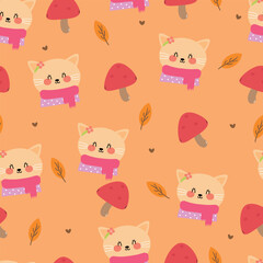 Obraz premium Seamless pattern cartoon cat with mushroom. cute animal with autumn vibes wallpaper for textile, gift wrapper