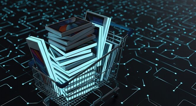 Shopping Cart with Tablets on Circuit Board. Ai generation