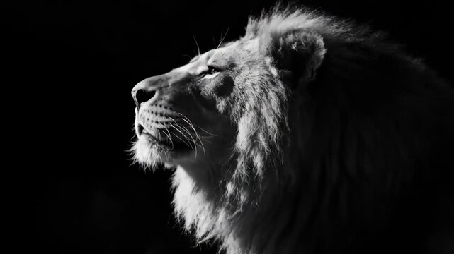 Lion Gaze Majestic profile with black and white, powerful, and wild animal.