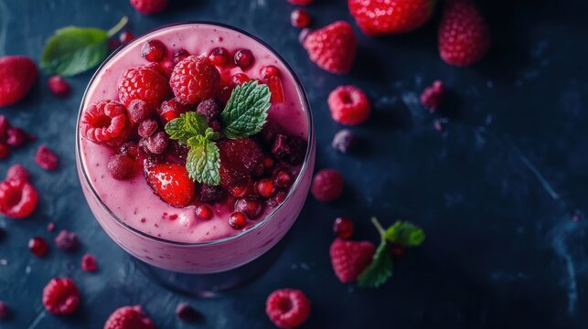 Raspberry and pomegranate yogurt parfait in glass bowl with fresh mint.