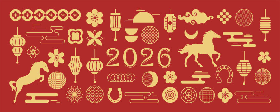Chinese New Year 2026 element vector set. Year of the horse design. Icons of Asian Lunar New Year holiday decoration
