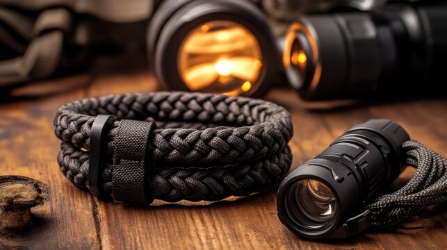Braided rope bracelet and flashlight on wooden surface with blurred background of camera equipment.